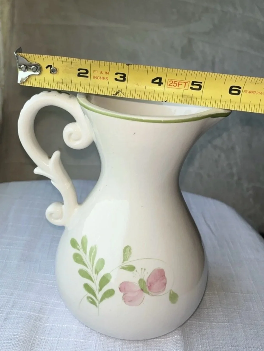 VTG FTDA Weiss-Brazil Ceramic Hand Painted Pitcher Vase Flowers Butterfly 1979
